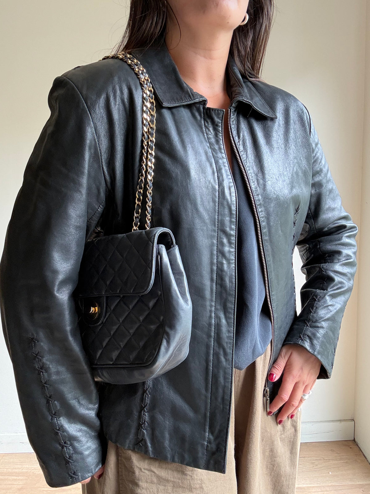 Vintage Leather Stitch Embroidered Jacket, L