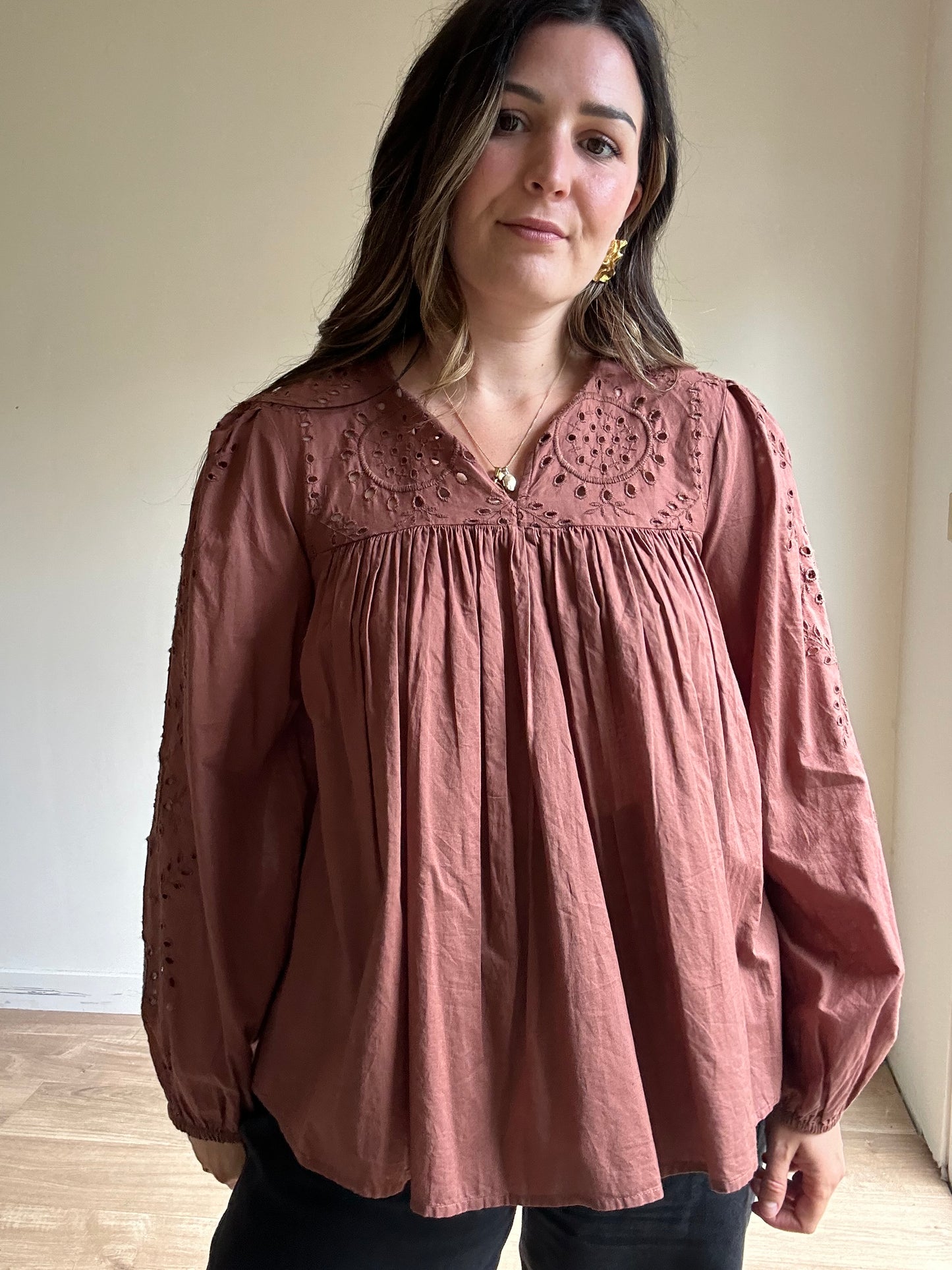 Brown Broderie Anglaise Smock Top, M/L