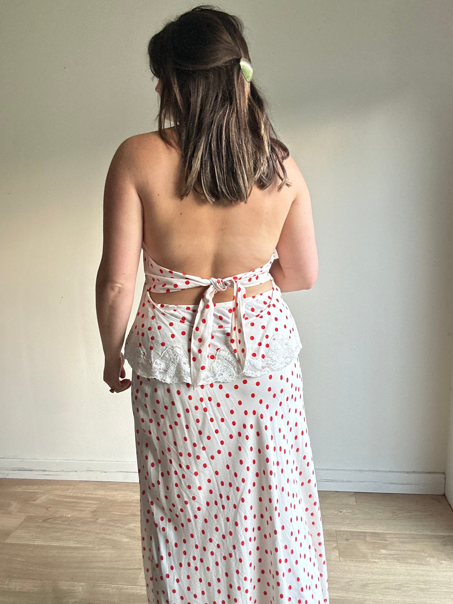 Rixo Polka Dot Satin Open Back Top, XL