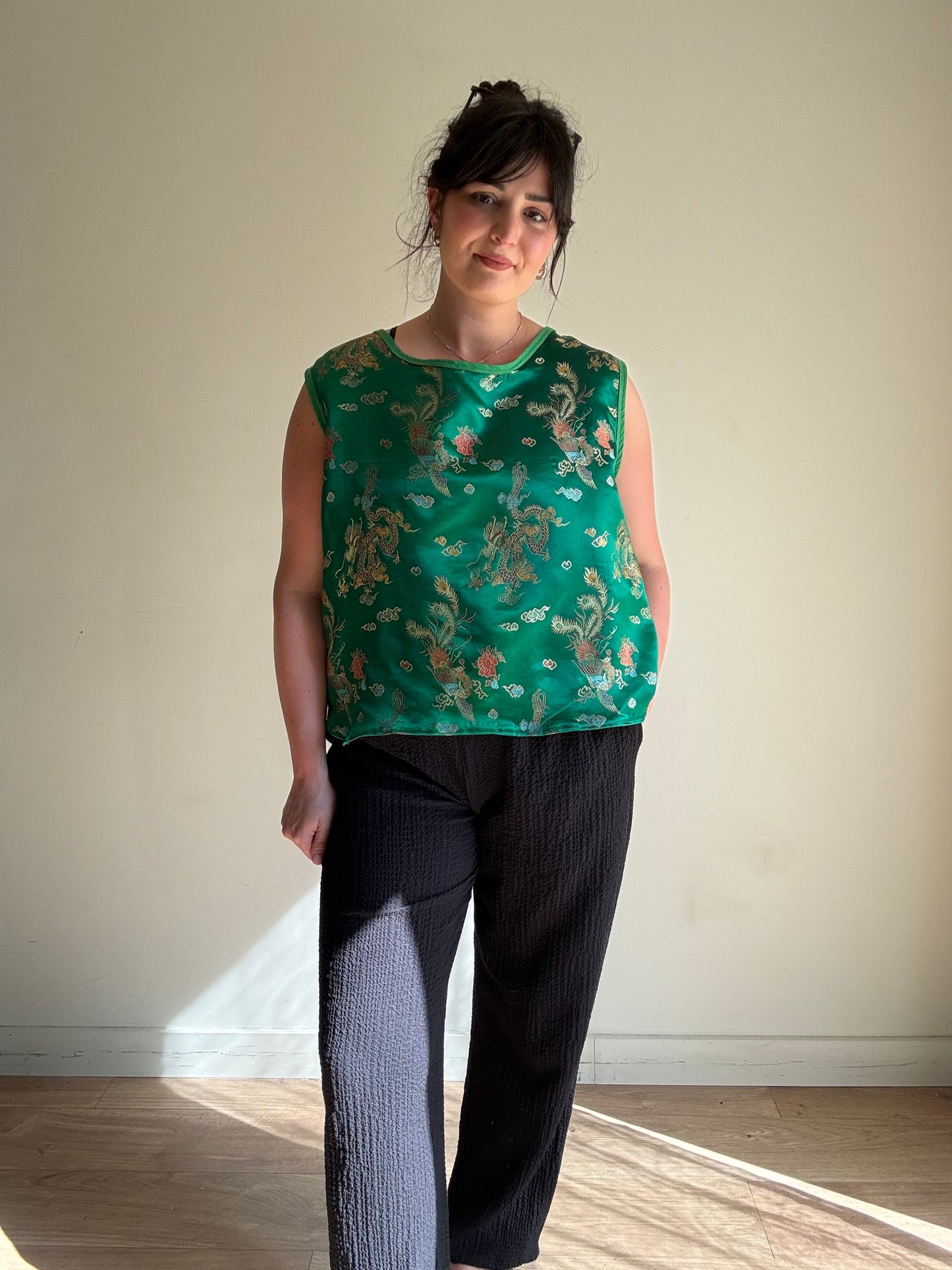 Handmade Chinese Print Satin Top, L/XL