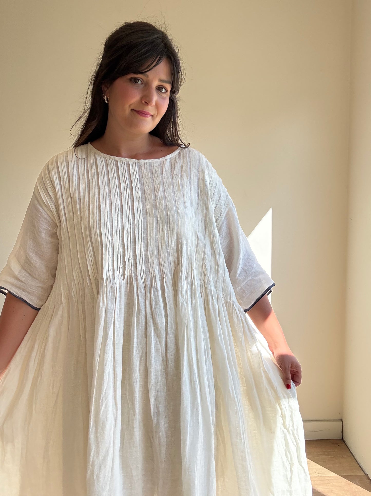 Maison De Soil Linen Pintuck Trim Dress, L-XL