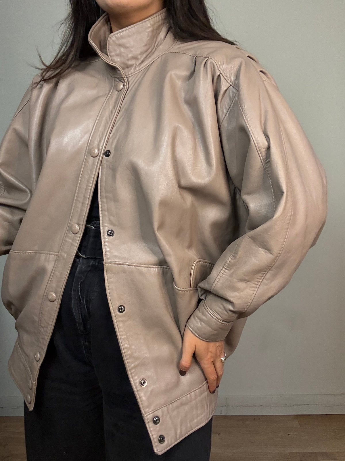 Real Leather Funnel Neck Bomber Jacket, M