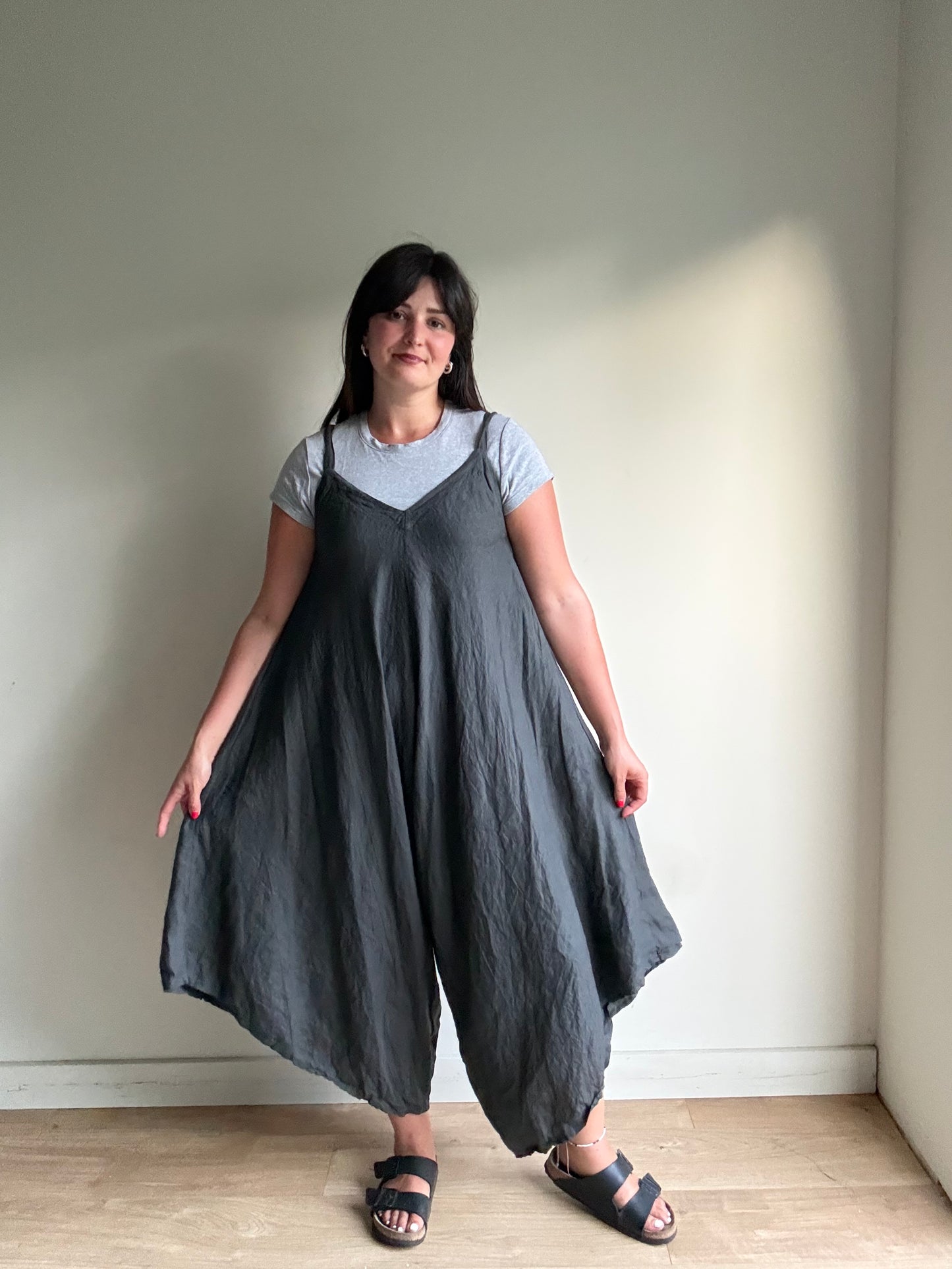Grey Linen Wide Leg Jumpsuit, One Size
