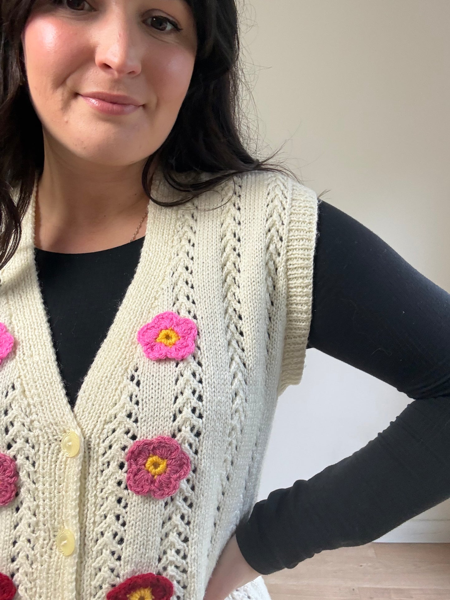 Hand-knit Crochet Flower Vest, L