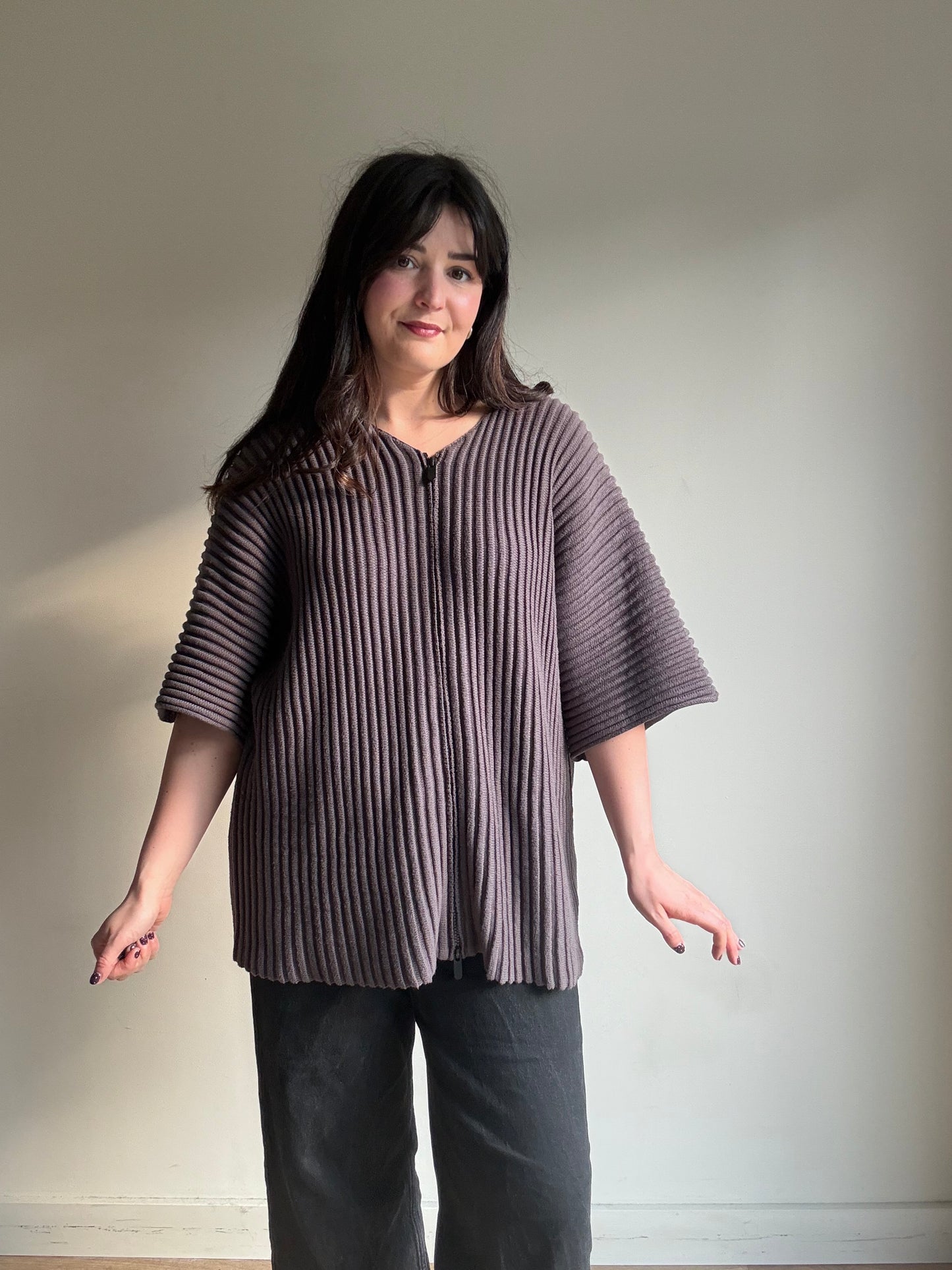 Seventh Rib Knit Zip-Up Short Sleeve Cardigan, M (oversized)