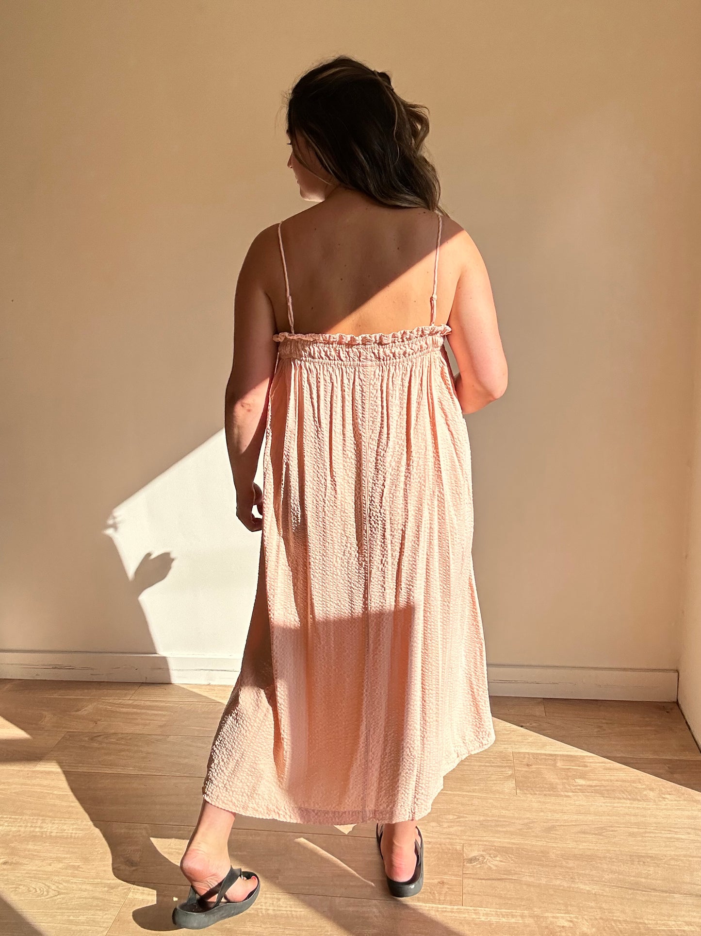 Peach Seersucker Strappy Dress - Size S