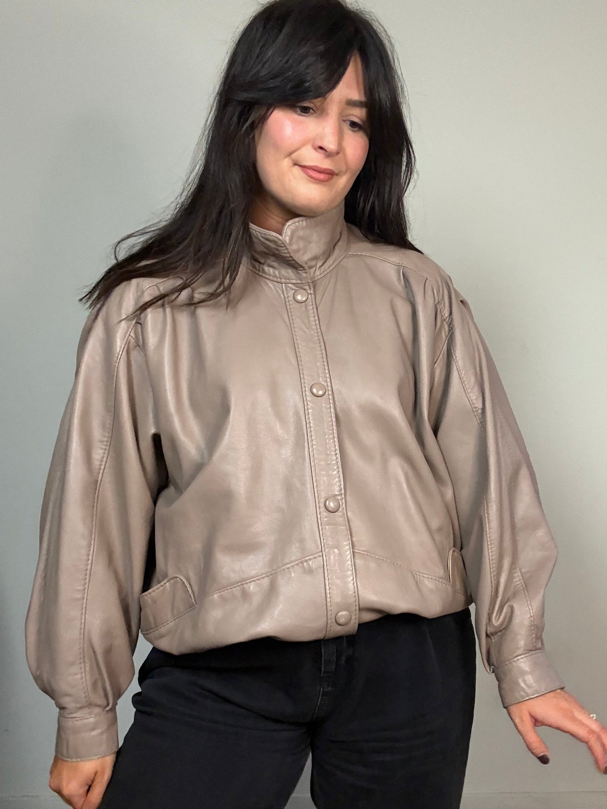 Real Leather Funnel Neck Bomber Jacket, M