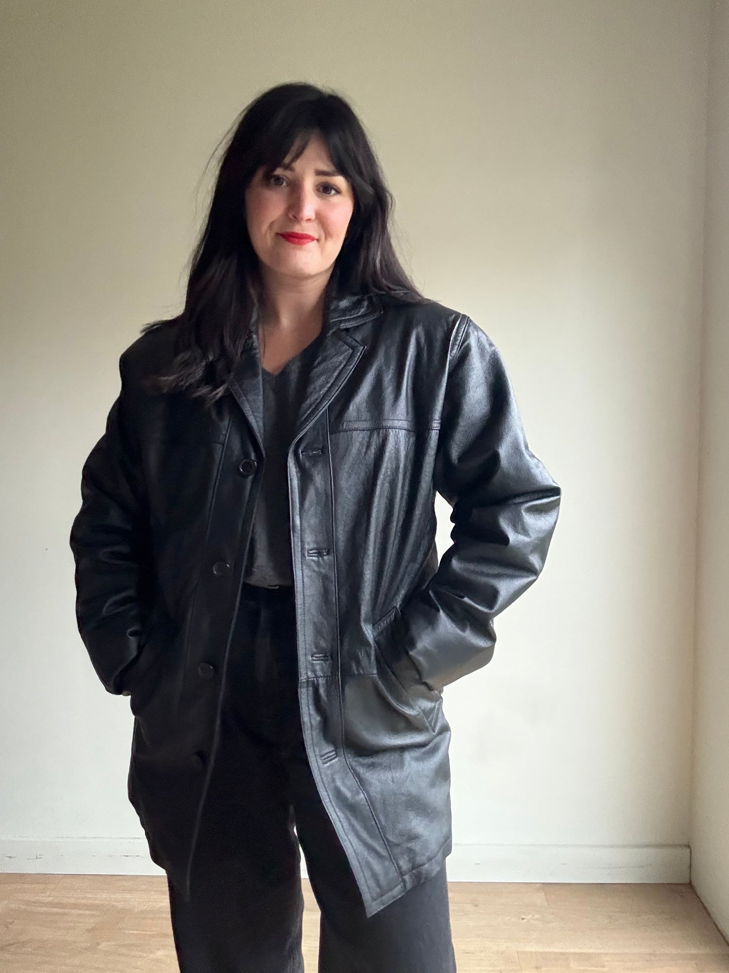 Vintage Leather Longline Padded Jacket, S-M