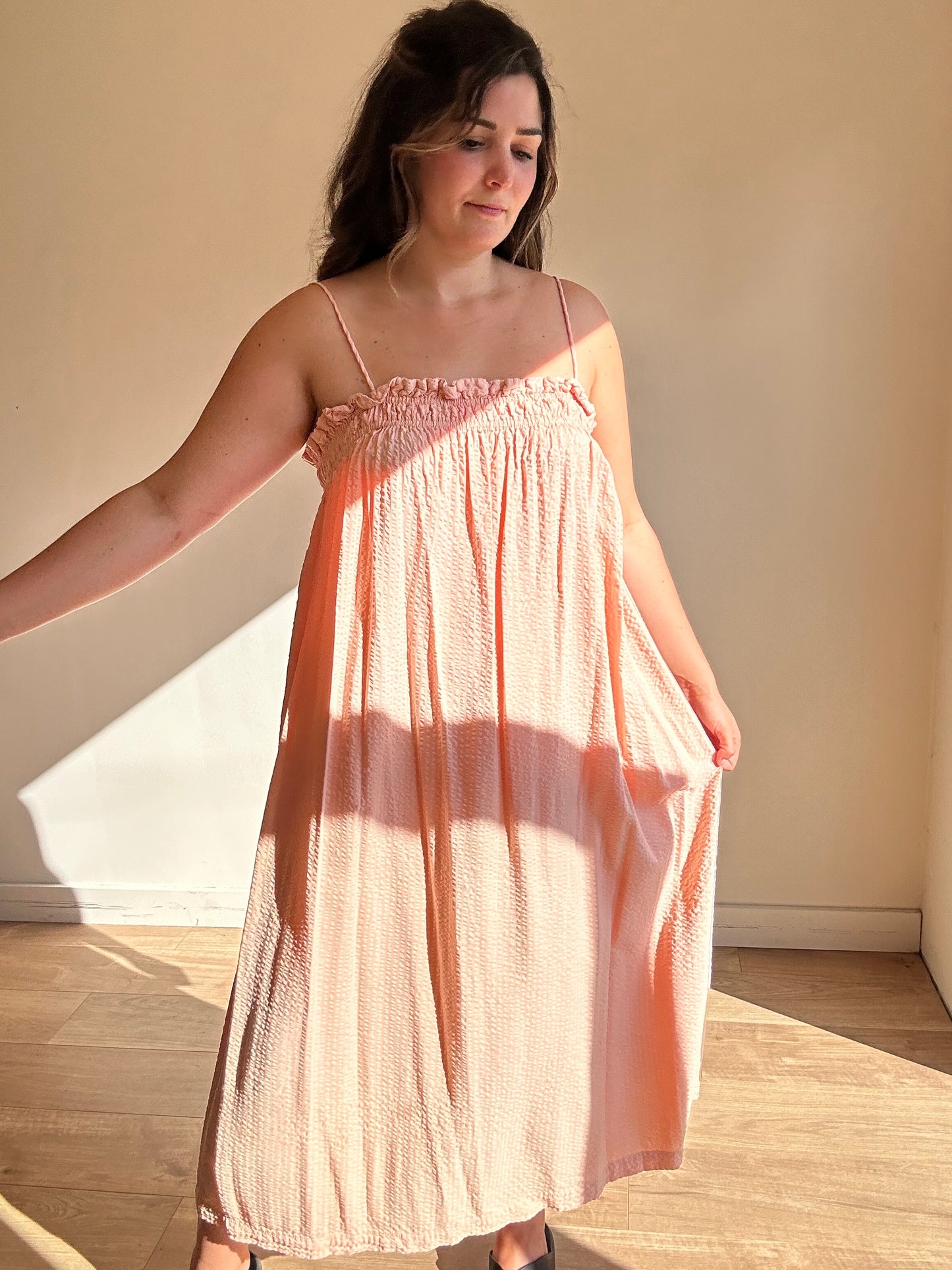 Peach Seersucker Strappy Dress - Size S