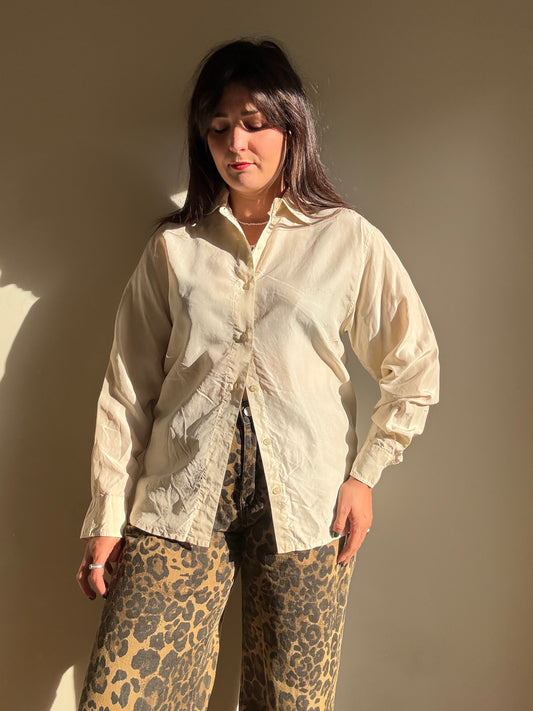 Cream Vintage Pure Silk Embroidered Shirt, M