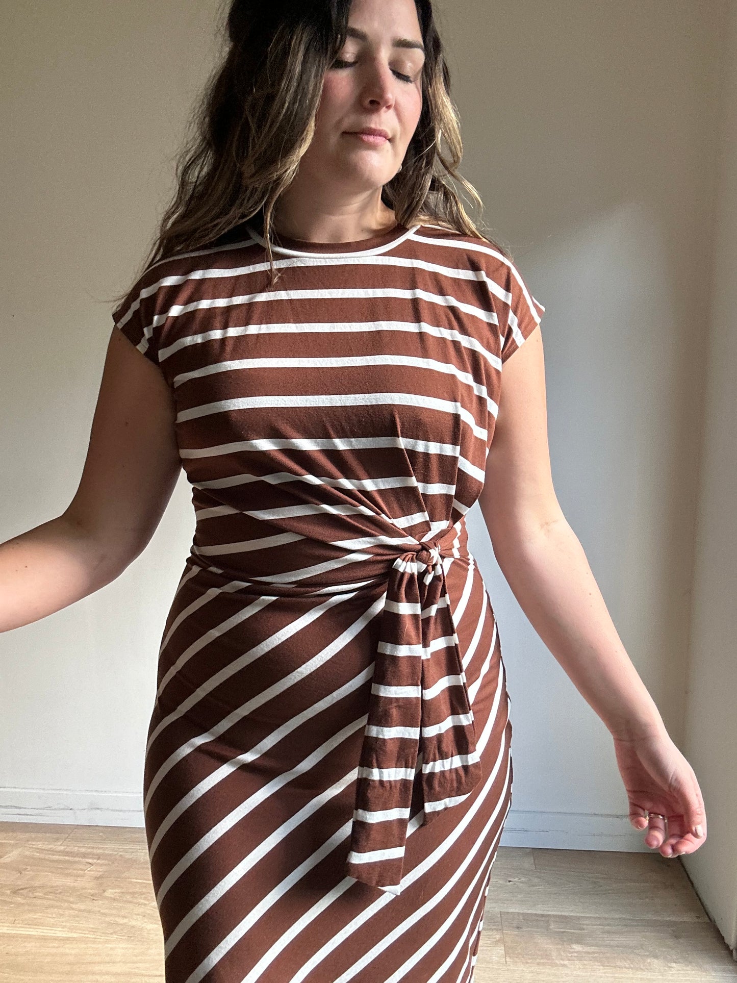 Brown Jersey Stripe Midi Dress, M