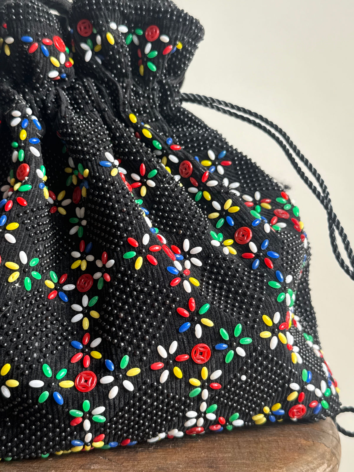 Vintage Beaded Drawstring Tote Bag, O/S
