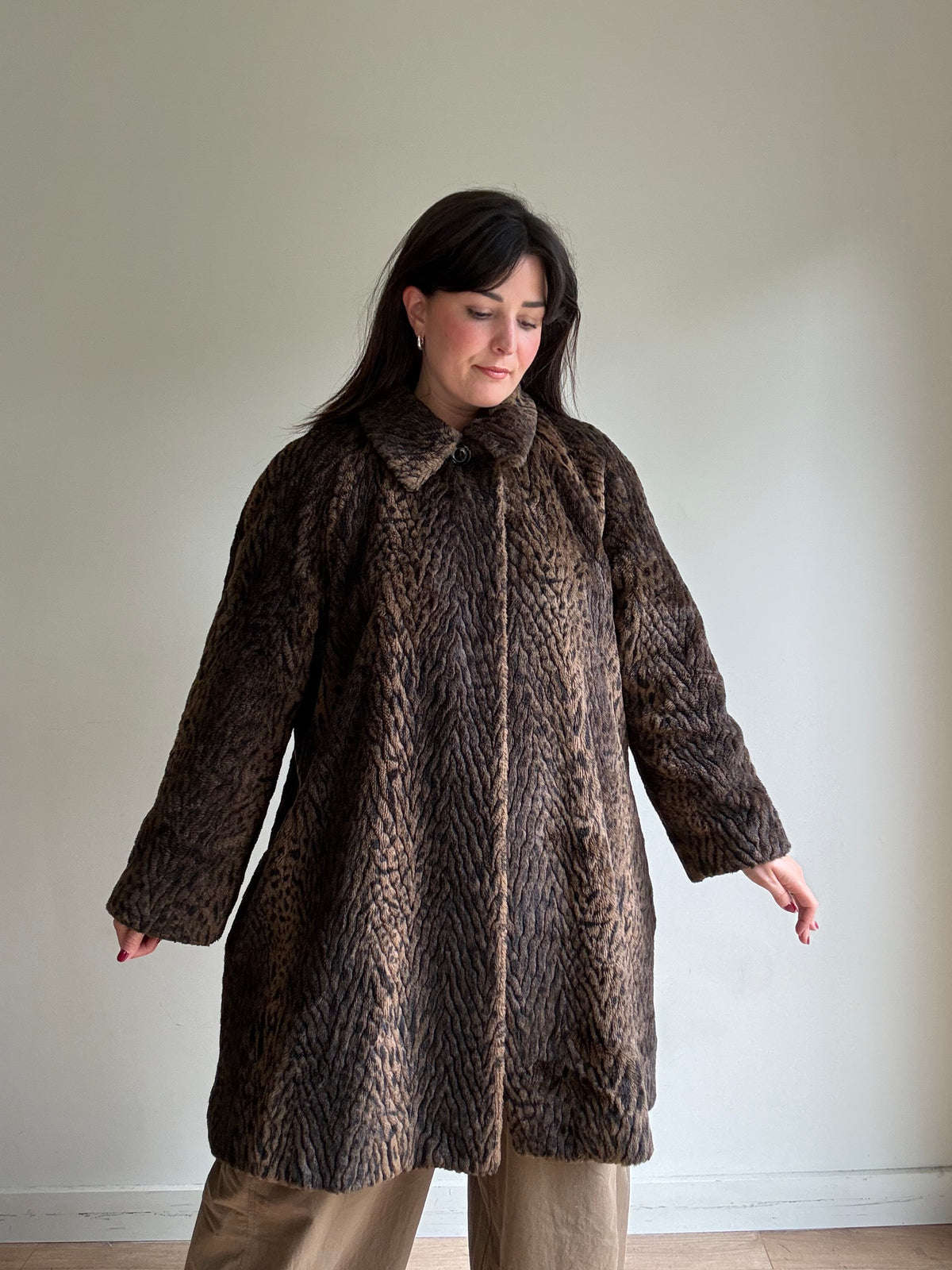 Vintage Jaeger Leopard Faux Fur Coat, M-L