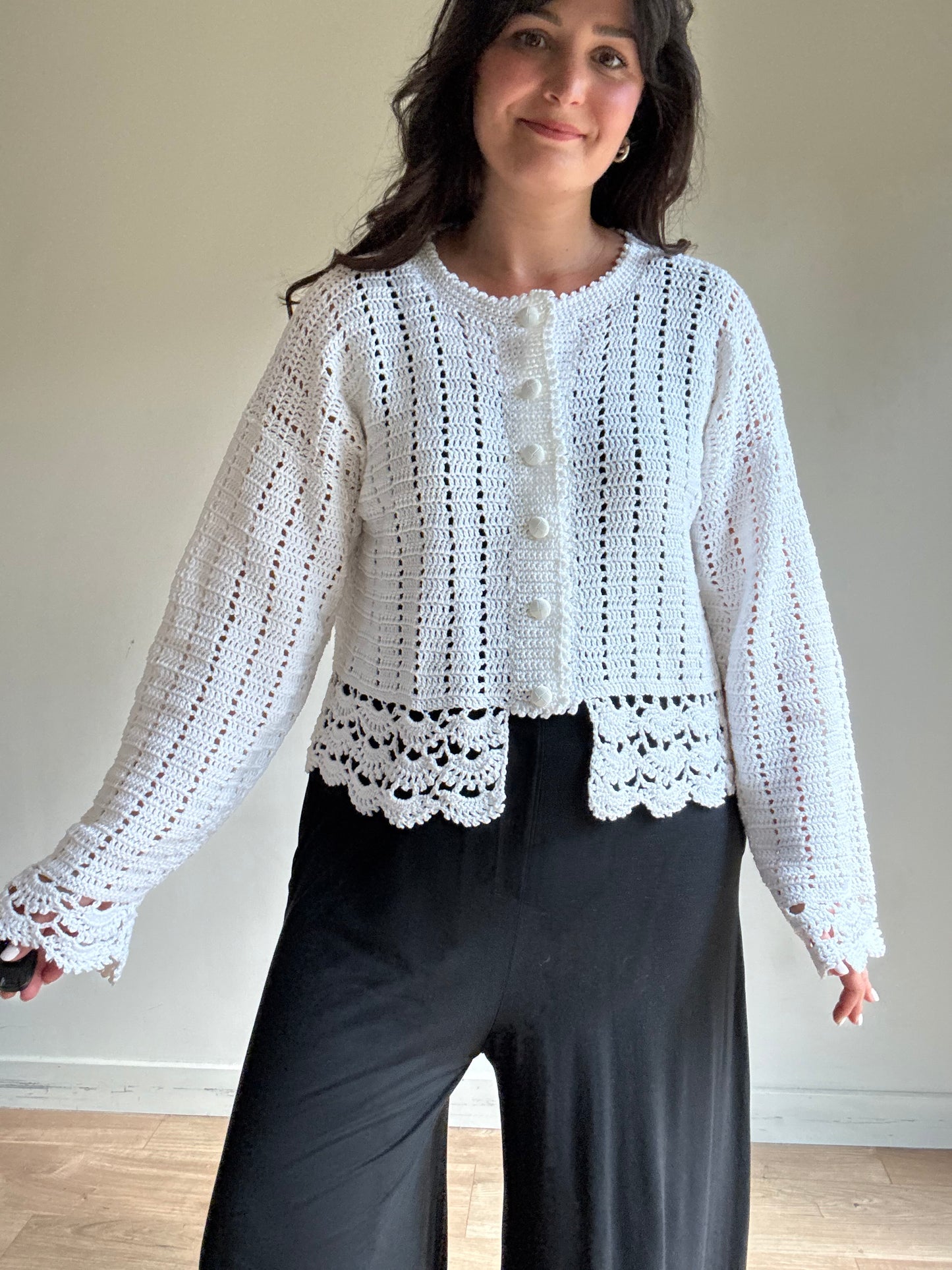 Handmade Crochet Knitted Button Up Cardigan, L