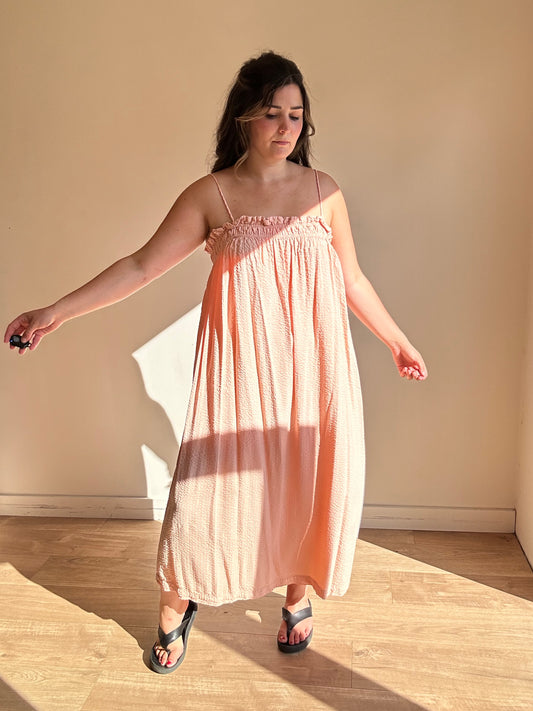 Peach Seersucker Strappy Dress - Size S