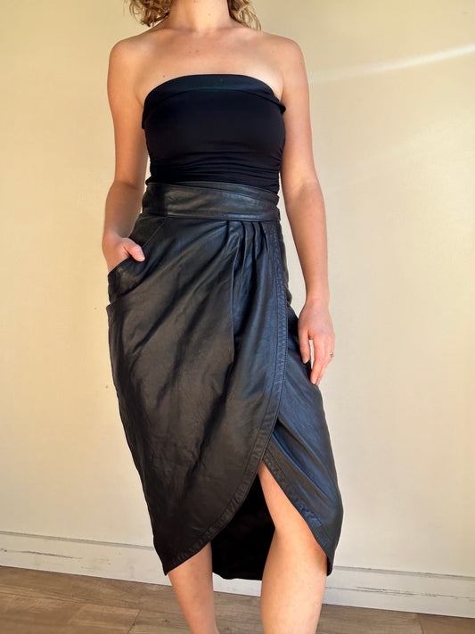 Vintage Real Leather Wrap Skirt, 8-10