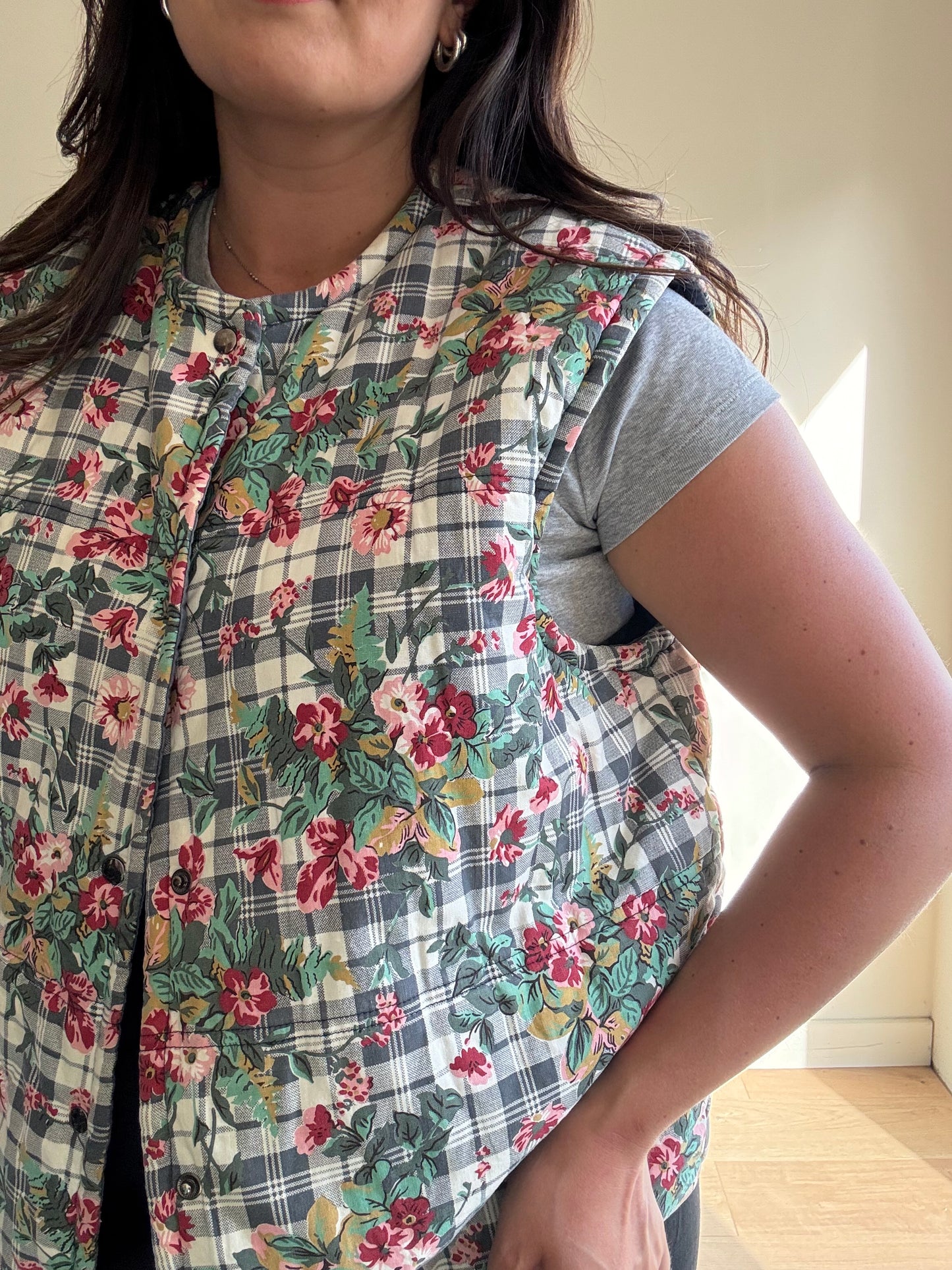 Vintage Floral Quilted Waistcoat Gilet, XL