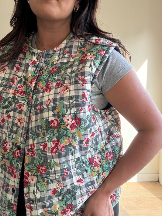 Vintage Floral Quilted Waistcoat Gilet, XL