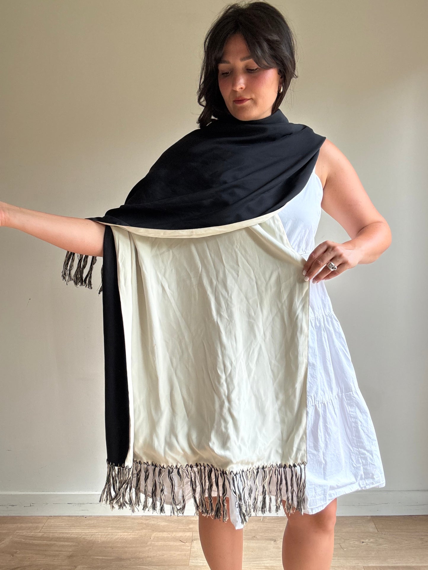 Vintage Silk Two Colour Fringe Scarf, O/S