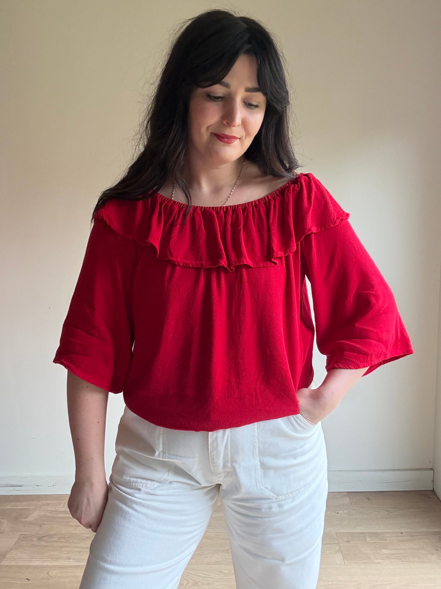Red Ba&sh Ruffle Bardot Top, 1
