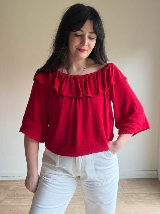 Red Ba&sh Ruffle Bardot Top, 1