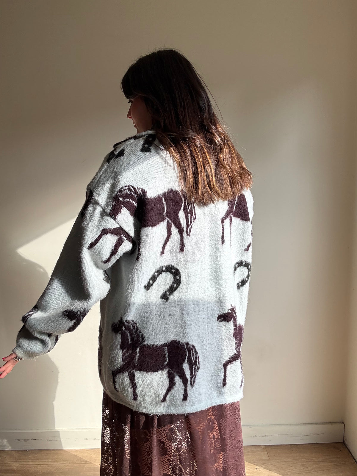 Vintage Horse Print Wool Cardigan, L - XL