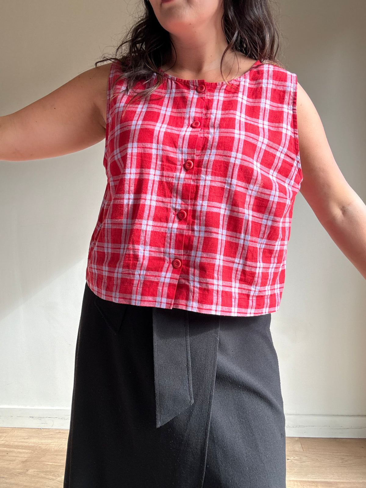 Check Beyond Nine Linen Top, XL