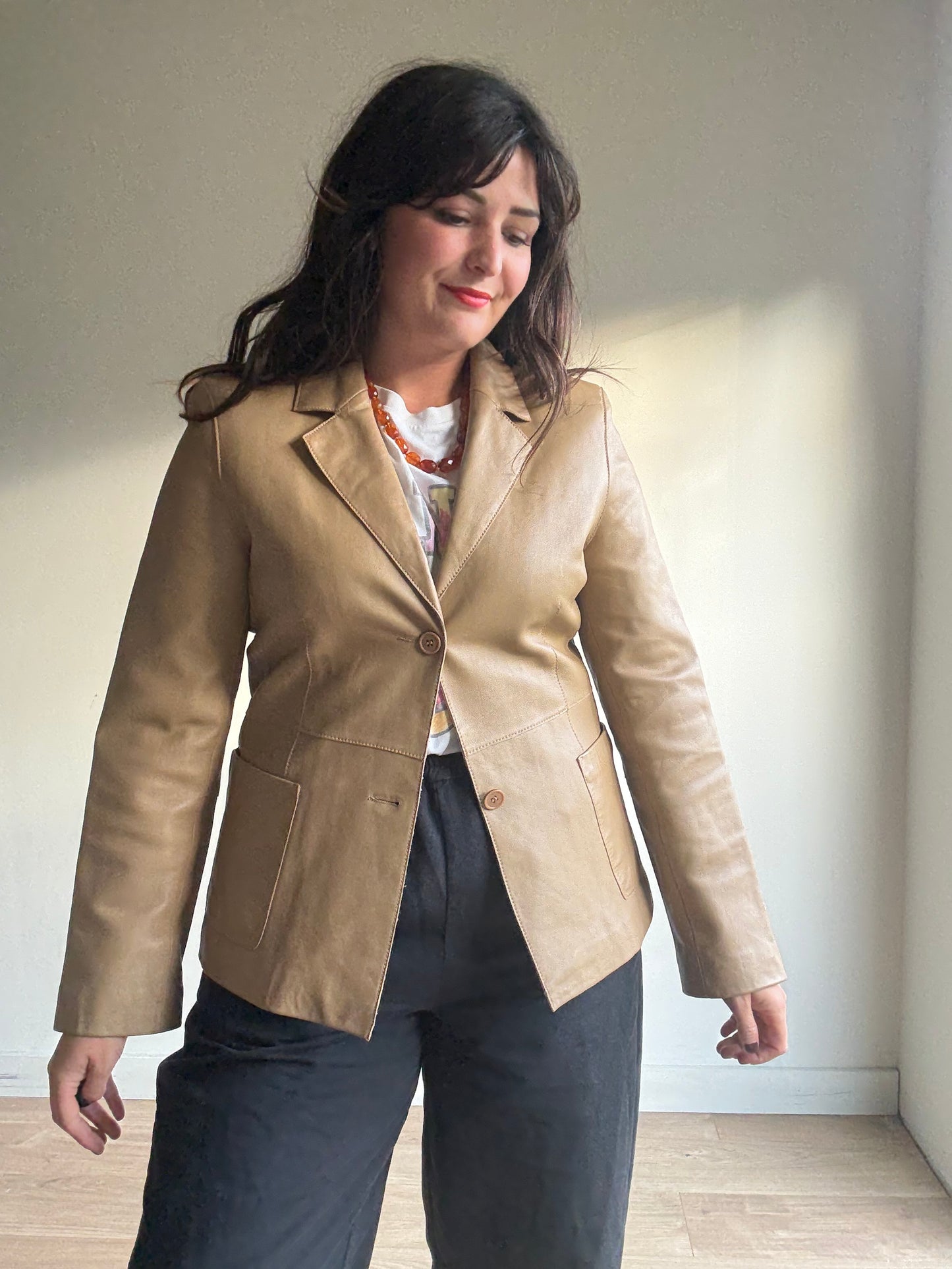Camel Vintage Genuine Leather Jacket, M
