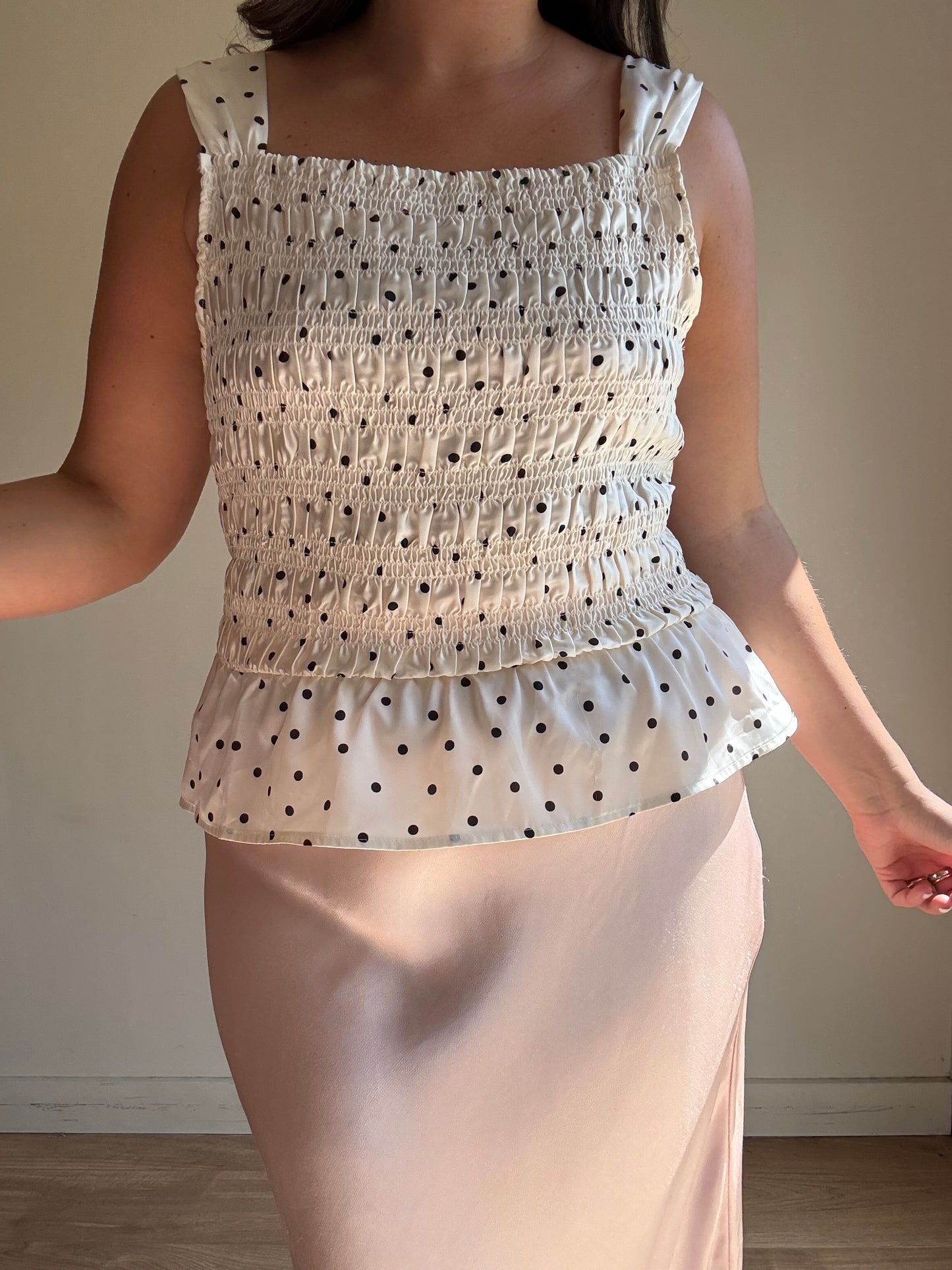 Omnes Satin Polka Shirred Top, 16