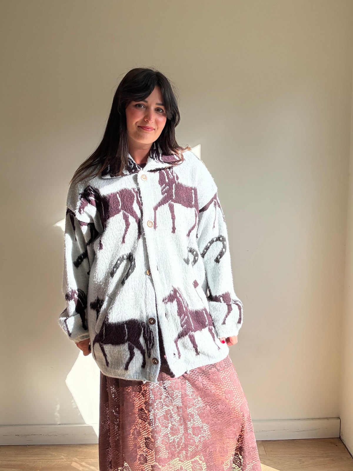 Vintage Horse Print Wool Cardigan, L - XL