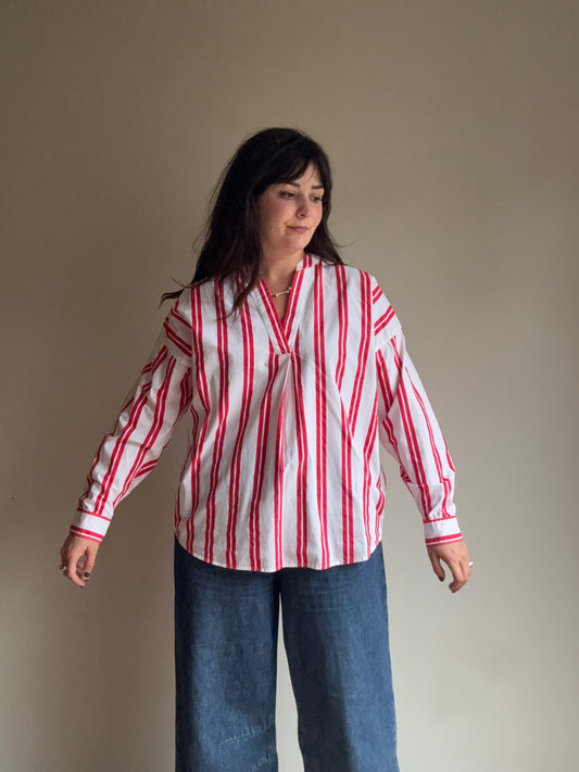 Red Stripe Cotton Blouse, M-L