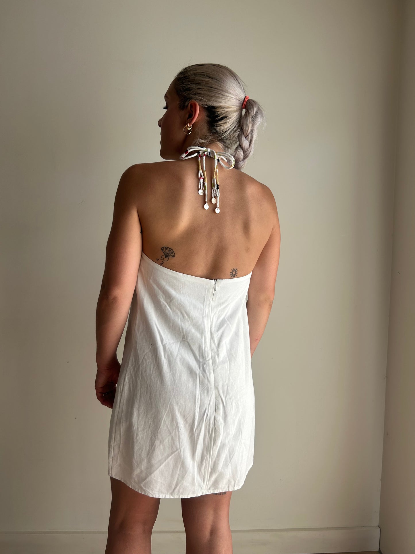 Zara NEW Linen Halter Beaded Dress, S