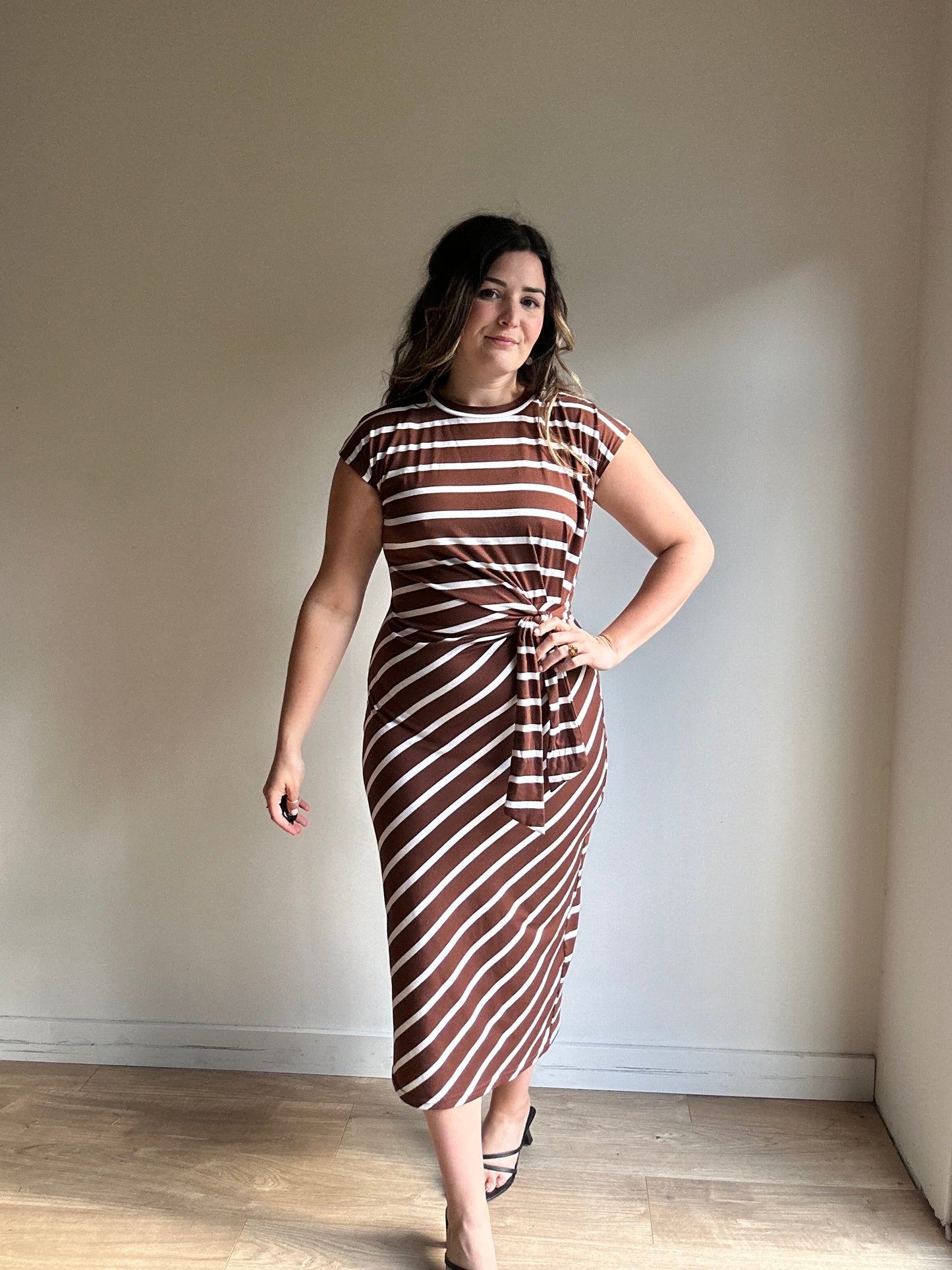 Brown Jersey Stripe Midi Dress, M