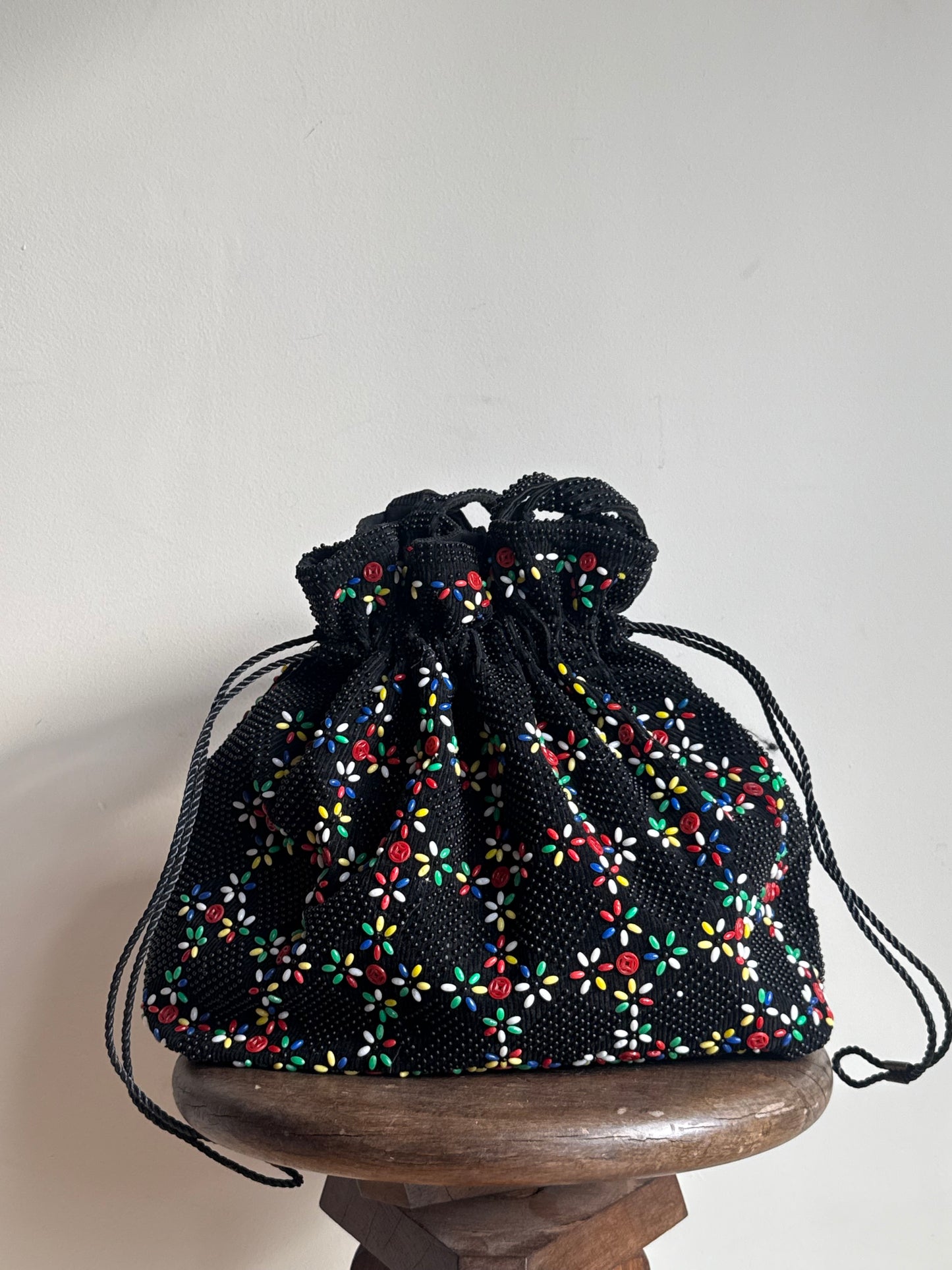 Vintage Beaded Drawstring Tote Bag, O/S