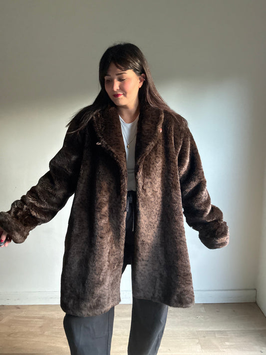Vintage Leopard Faux Fur Coat, XL