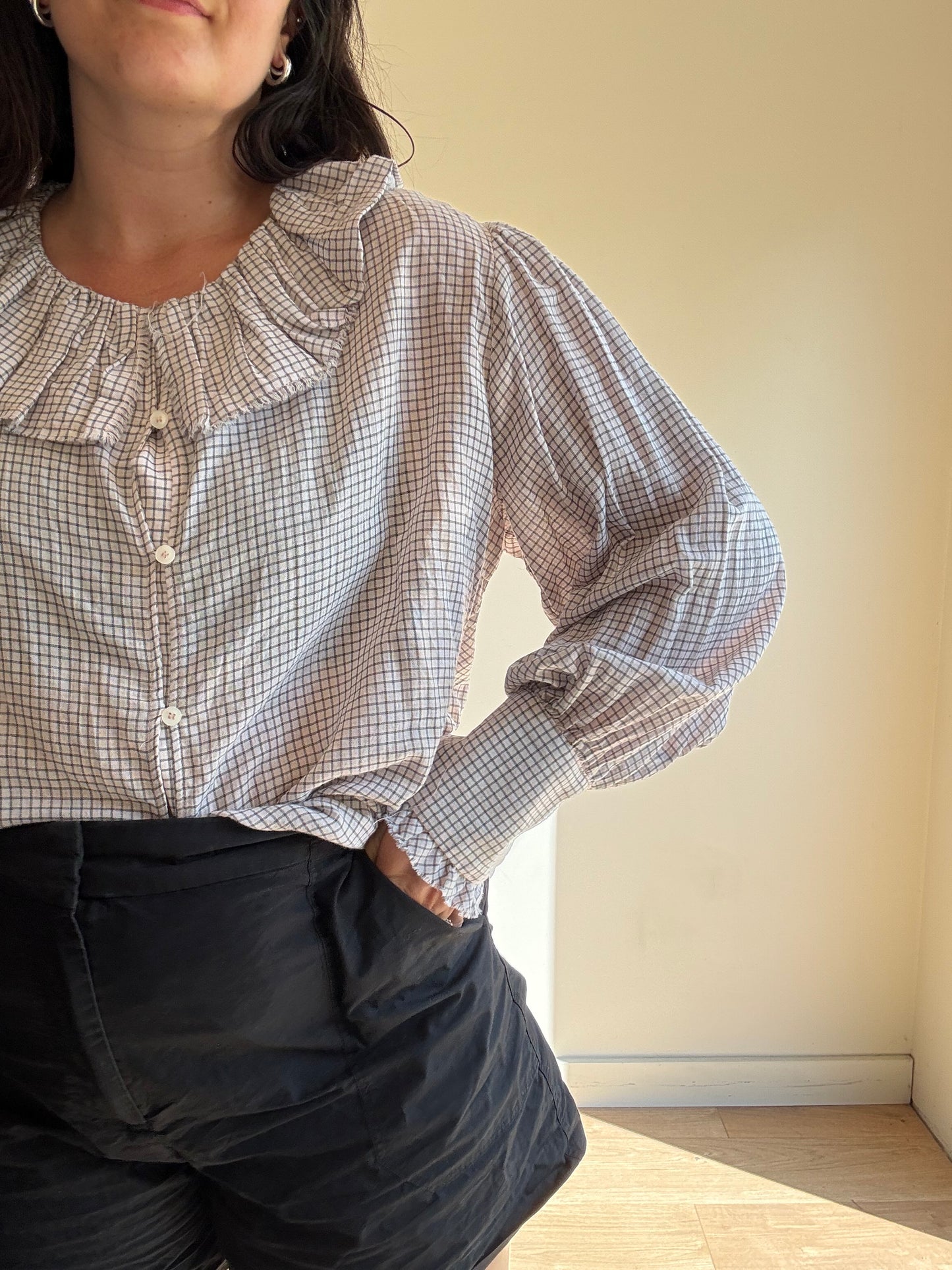 Zara Grid Check Frill Blouse, L