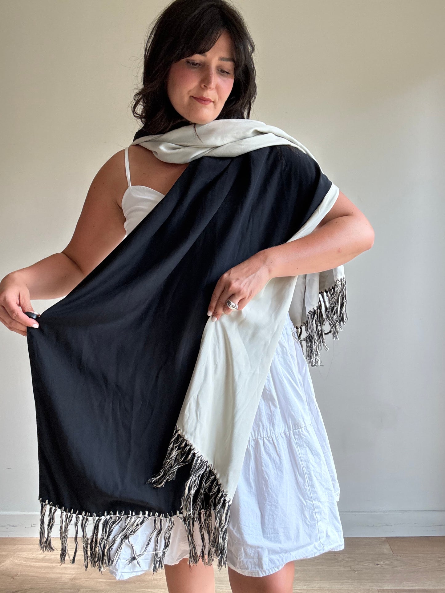 Vintage Silk Two Colour Fringe Scarf, O/S