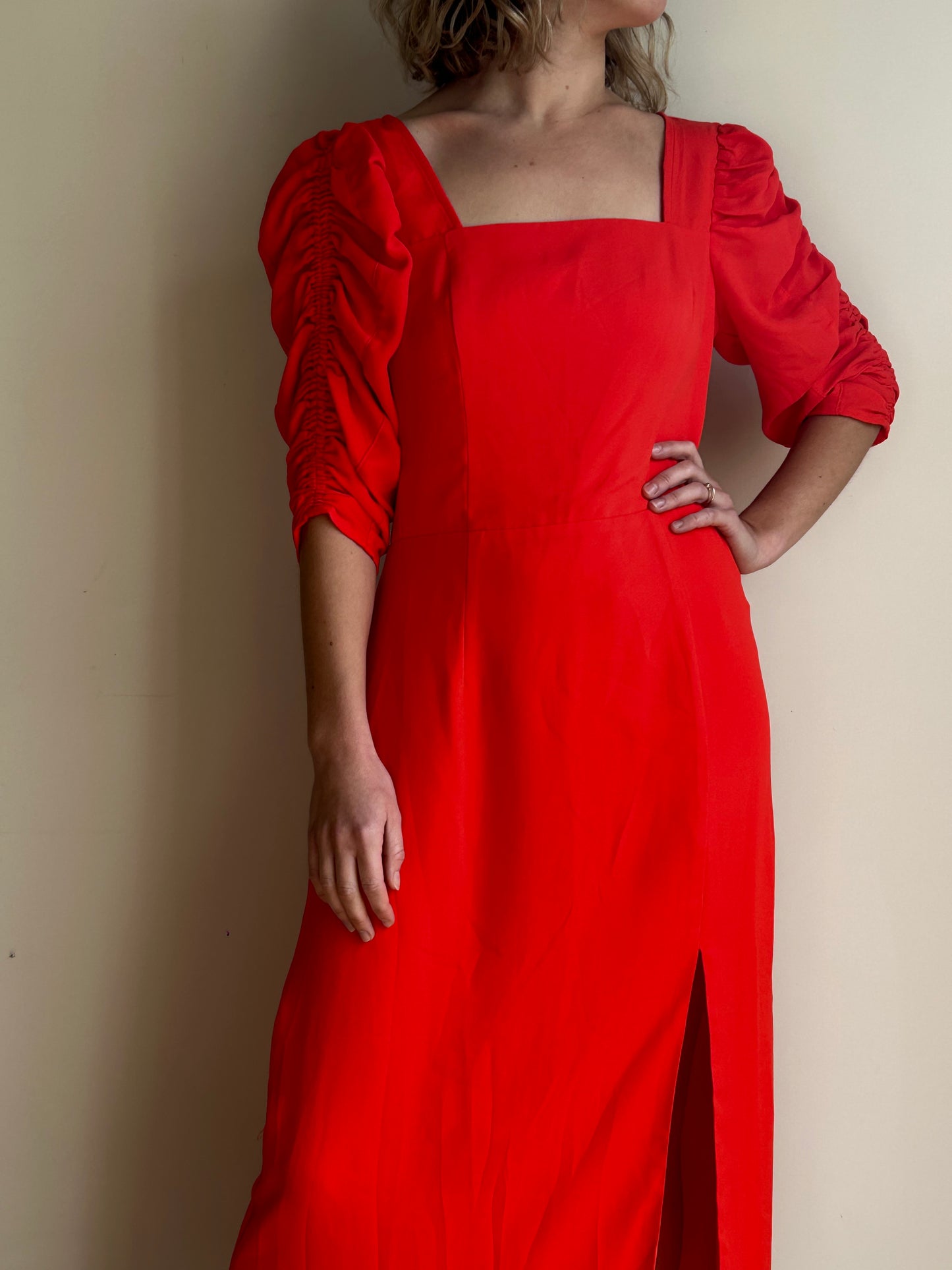 Red Gathered Sleeve Midi Dress, S