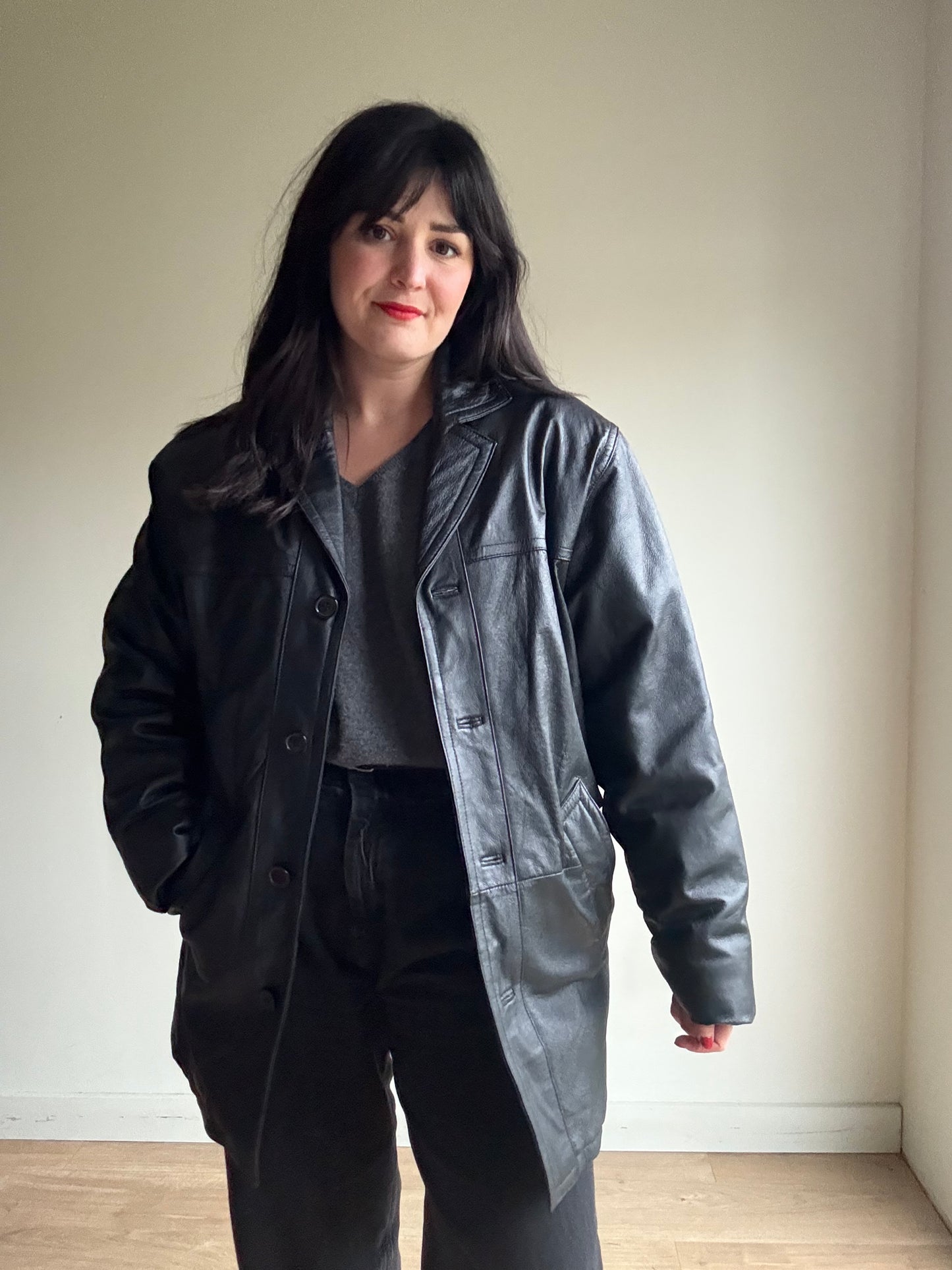 Vintage Leather Longline Padded Jacket, S-M