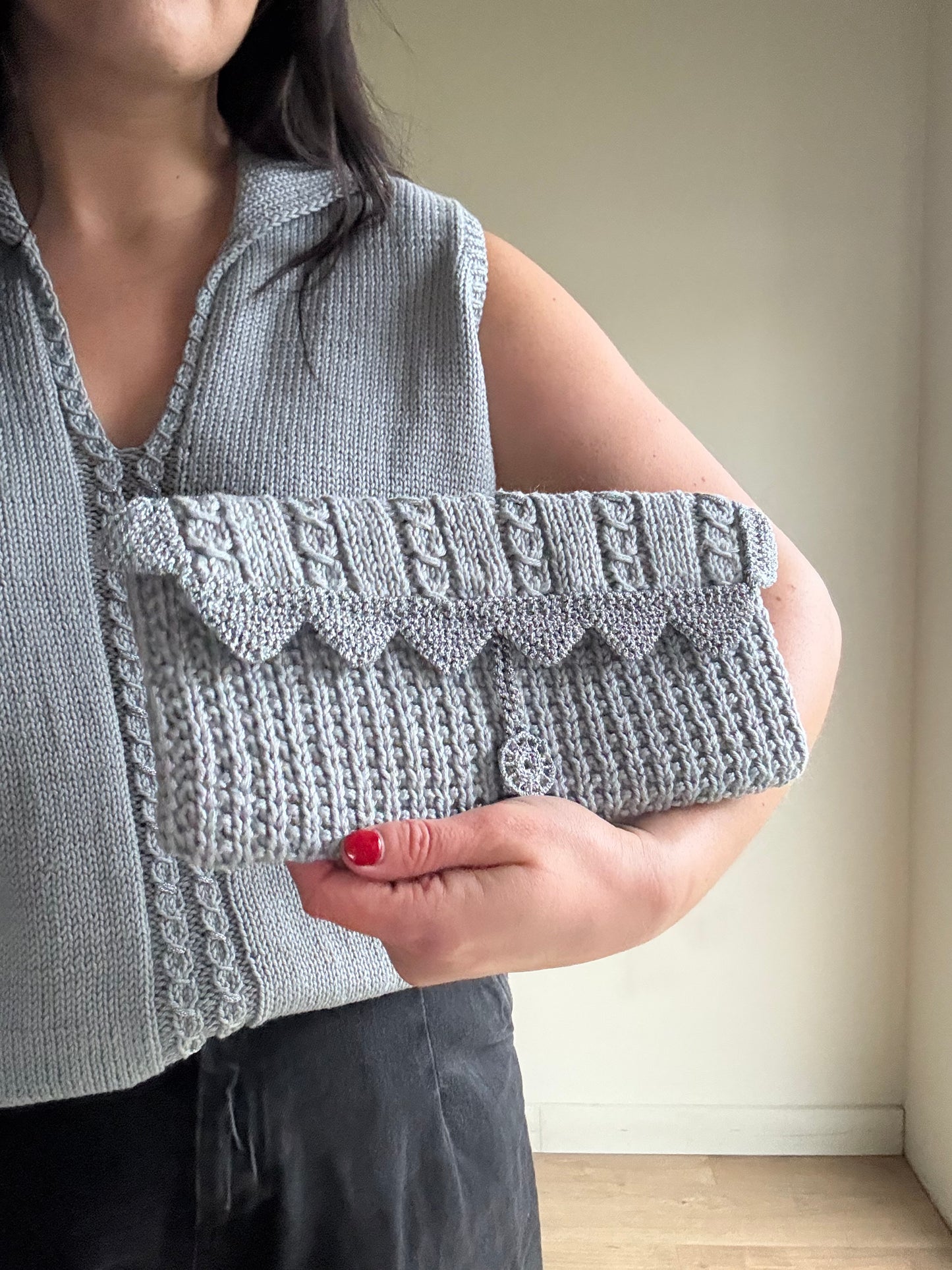 Handknit Silver Knitted Clutch Bag, O/S