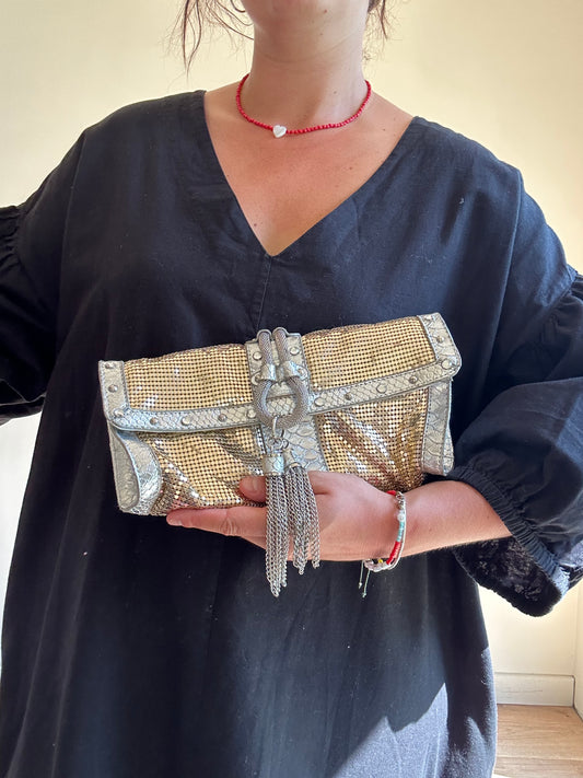 Gold & Silver Leather Chainmail Clutch Bag, O/S