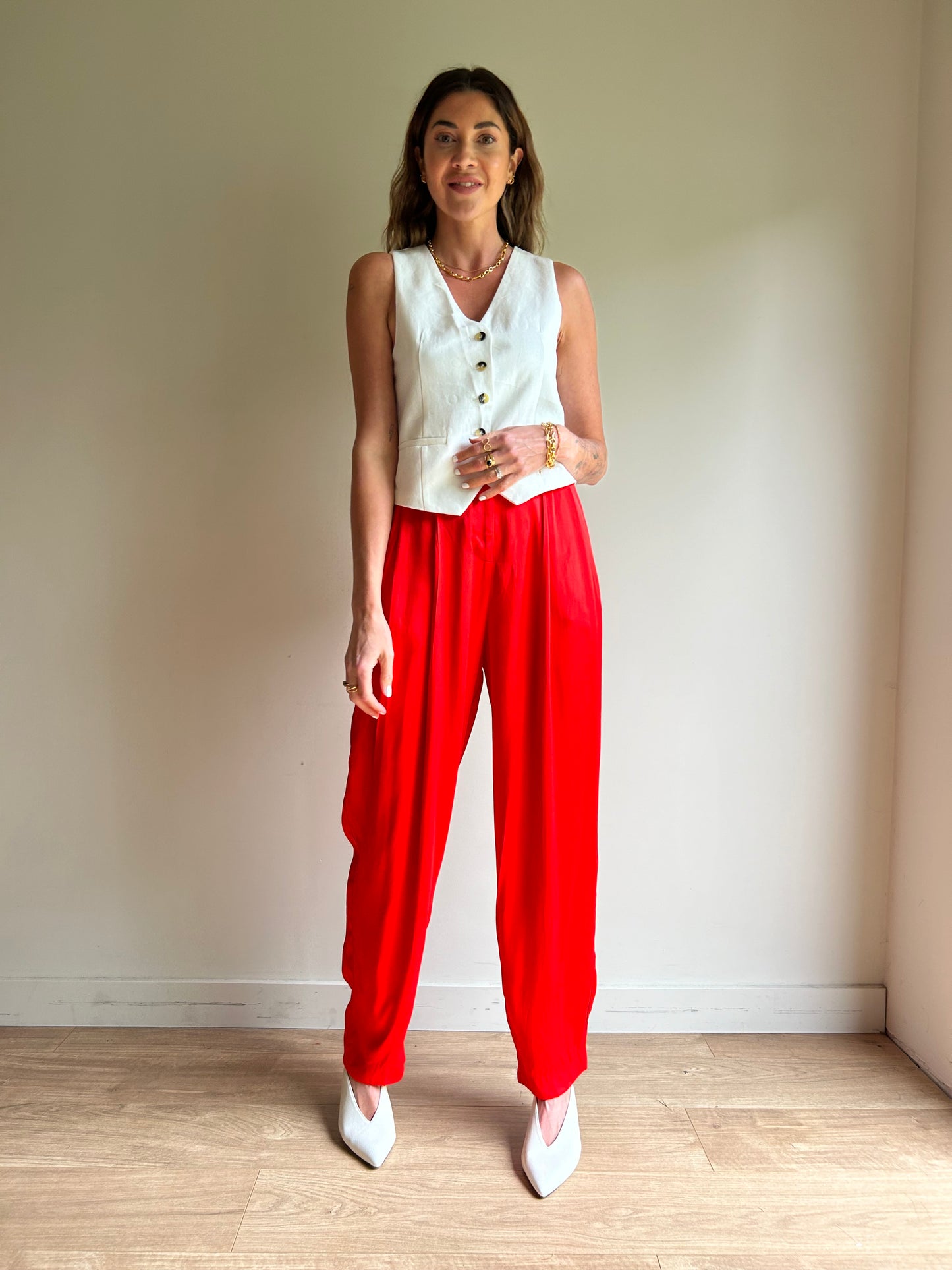 Red H&M Satin Tailored Trousers, 6