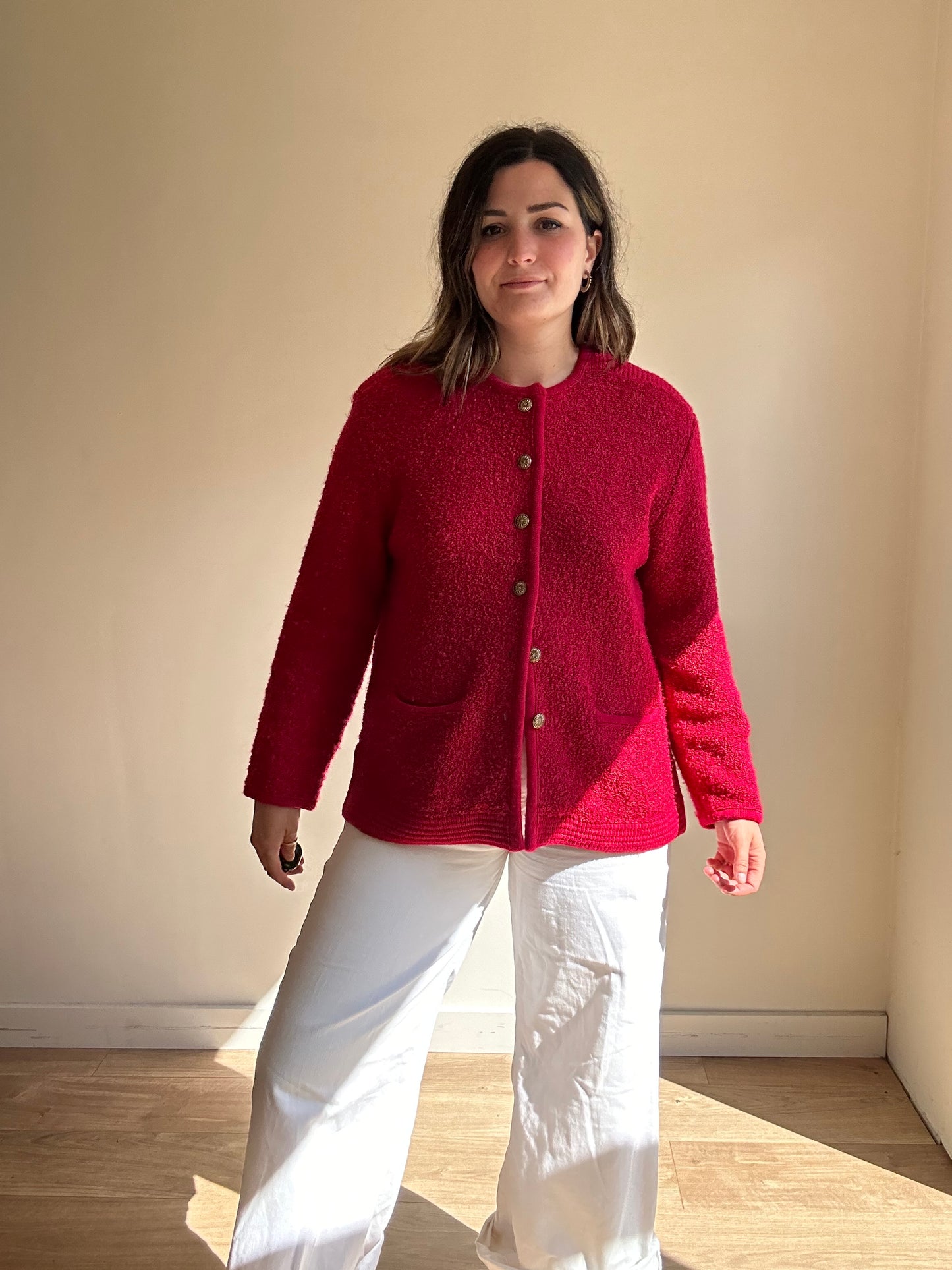 Vintage Red Boucle Cardigan - Size L