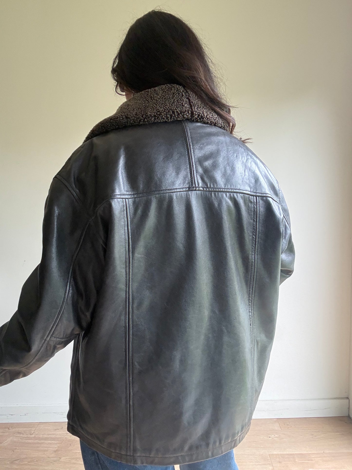 Leather Bomber Jacket with Cosy Collar, L-XL