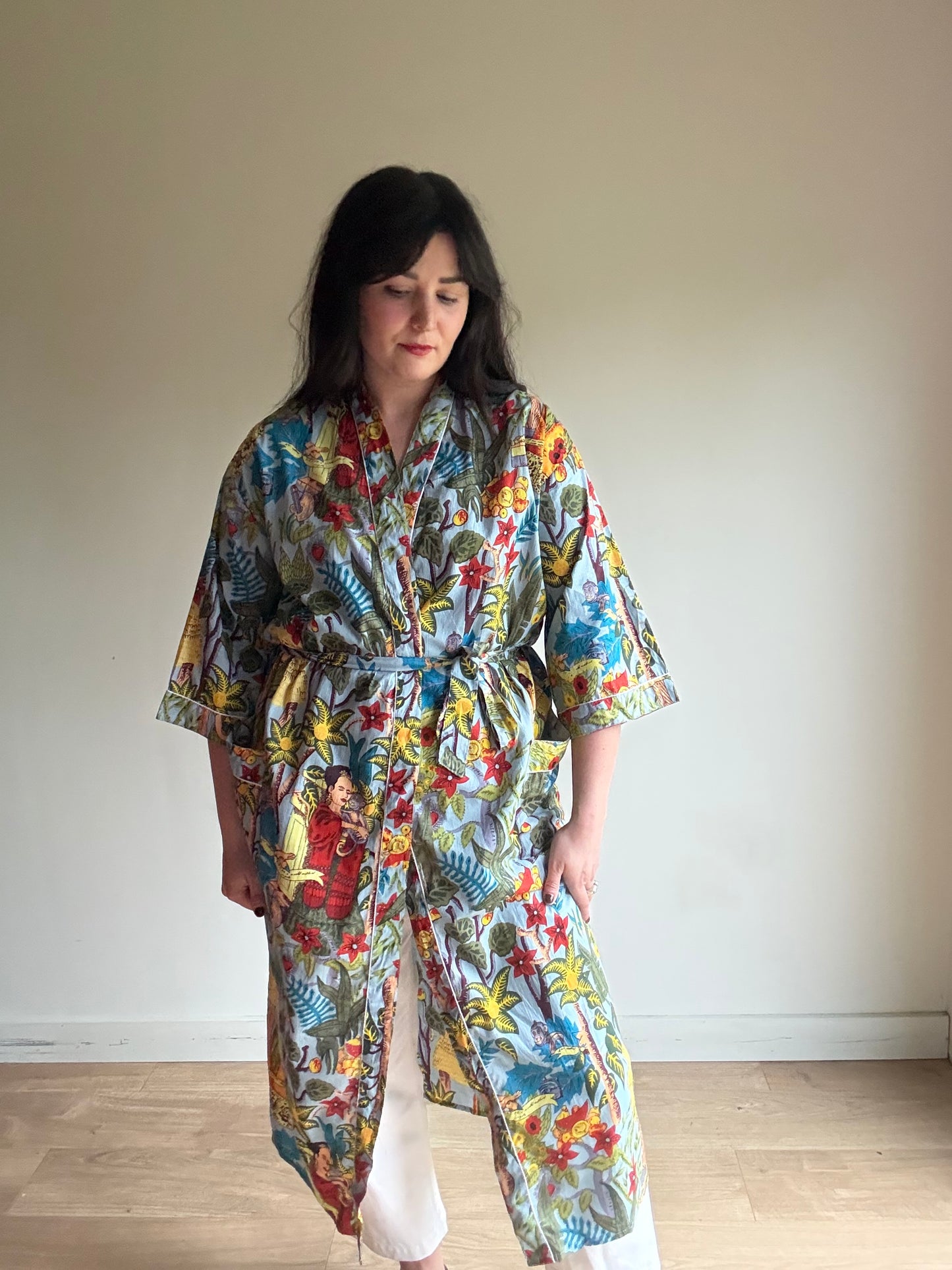 Cotton Printed Frida Kahlo Robe, One Size
