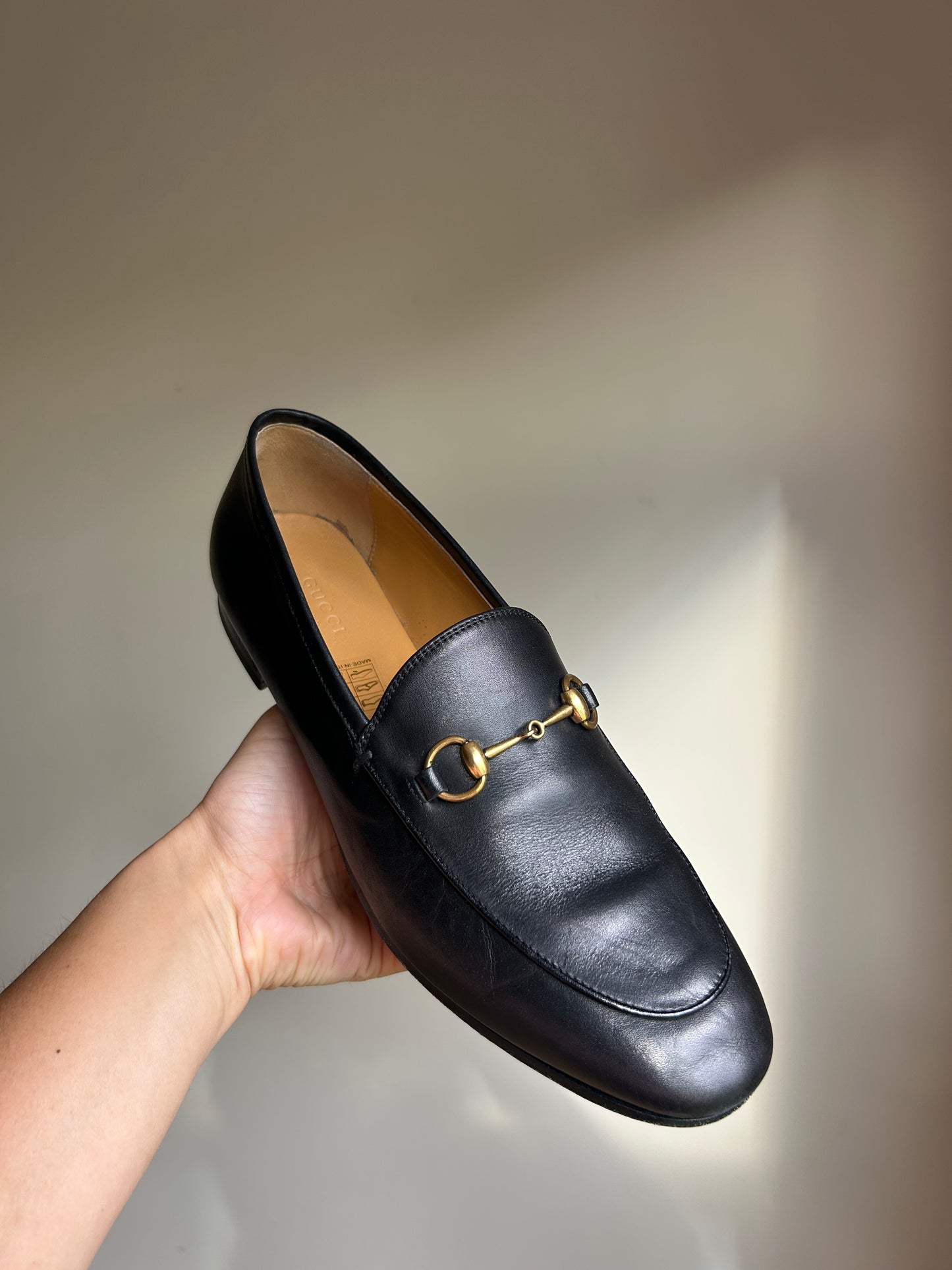 Black Gucci Jordaan Horsebit Leather Loafers, 39.5
