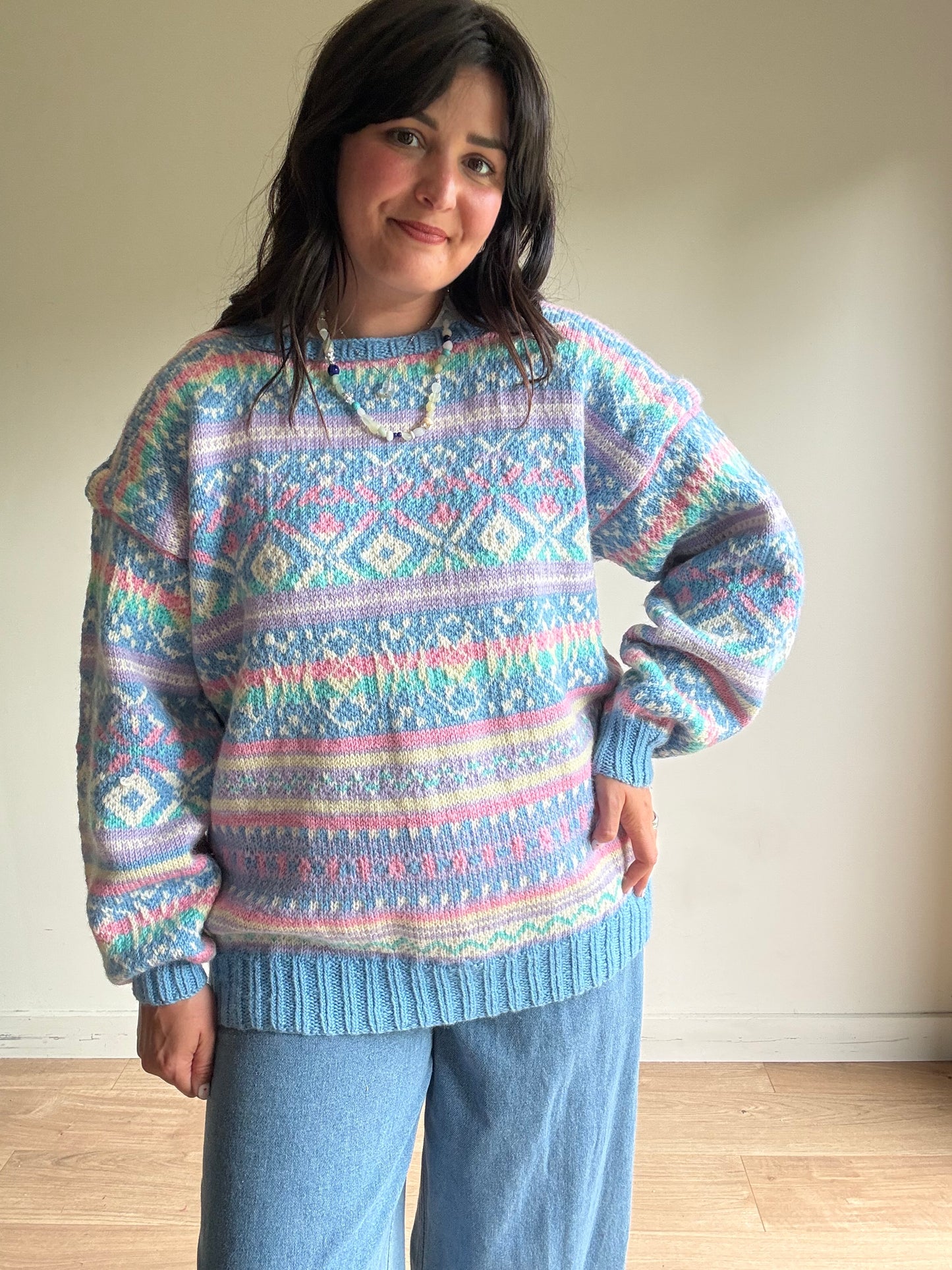 Pastel Handknit Chunky Patterned Jumped, XL