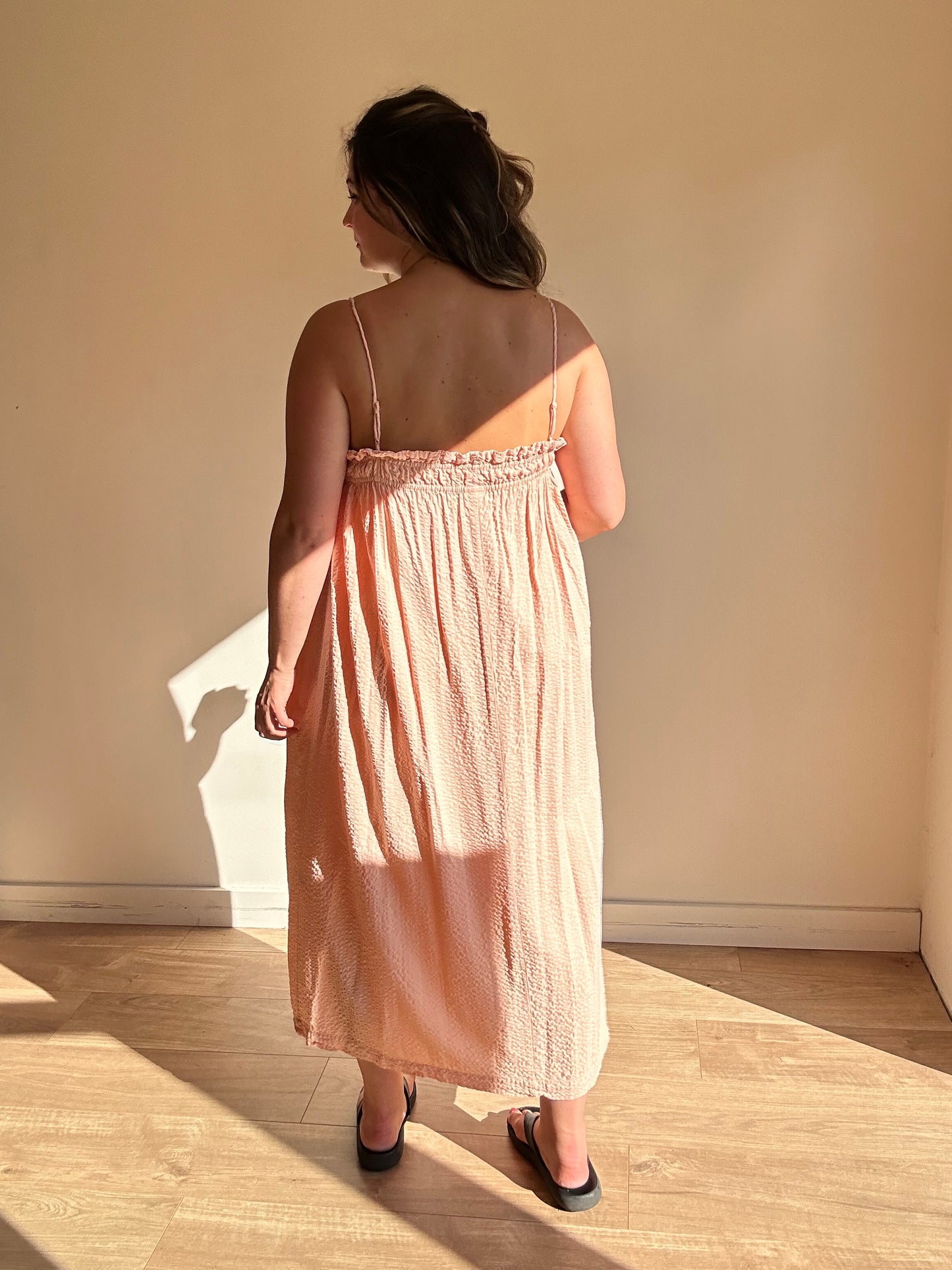 Peach Seersucker Strappy Dress - Size S