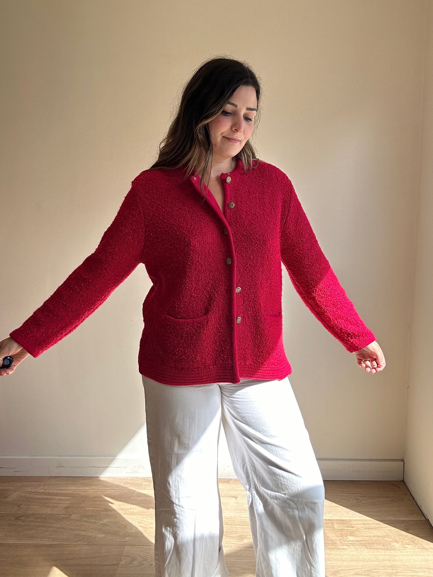 Vintage Red Boucle Cardigan - Size L