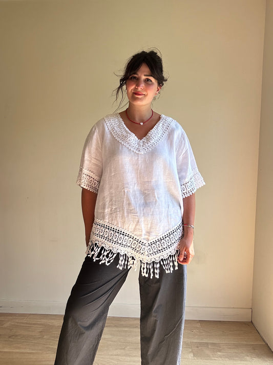 Pure Linen Embroidered Fringe Top, L-XXL